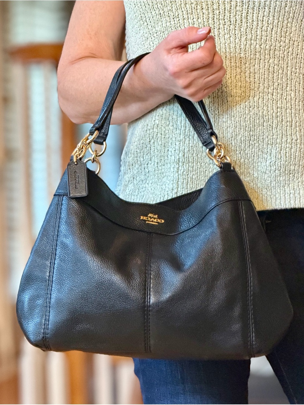 Coach Classic 2017 Lexy Black Pebble Leather Shoulder Bag Gold Hardware